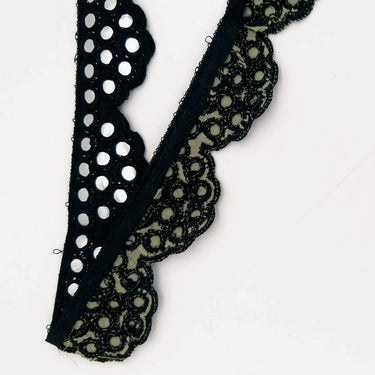 Black Mirror Trim, Kutch Embroidered Navratri Garba Dress Trim Bridal Lace, Indian Sari Border 40 mm Wide Trim Per Yard